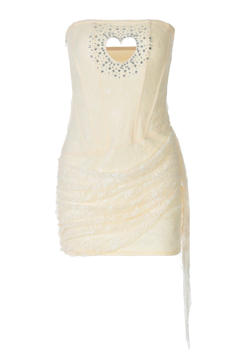 Strapless Pink Hollow Heart Lace Short Dress