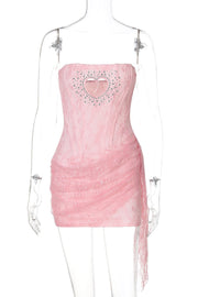Strapless Pink Hollow Heart Lace Short Dress