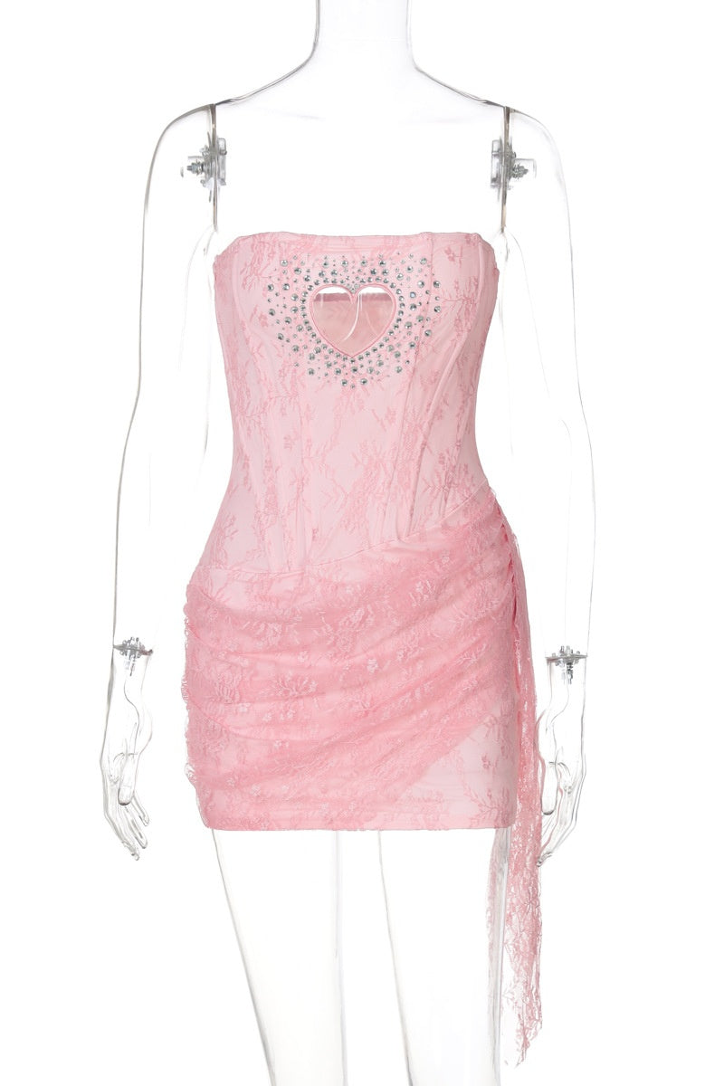 Strapless Pink Hollow Heart Lace Short Dress