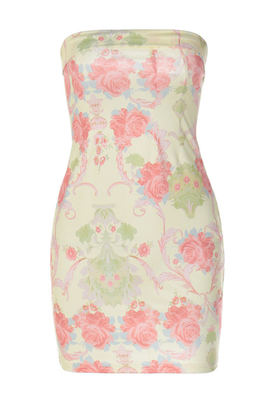 Strapless Apricot Floral Print Bodycon Short Dress