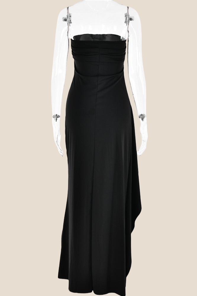 Strapless Black Ruched Long Dress with Slit