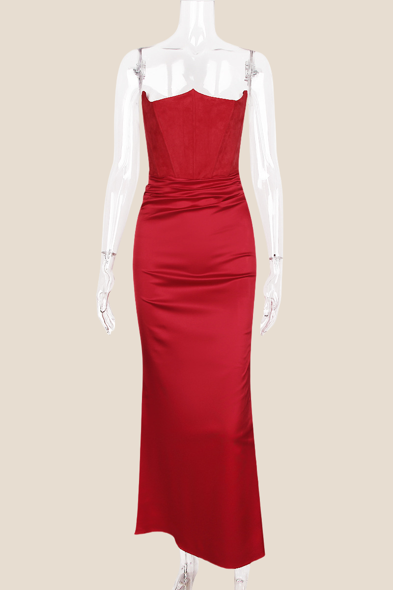 Strapless Red Ruched Mermaid Long Dress
