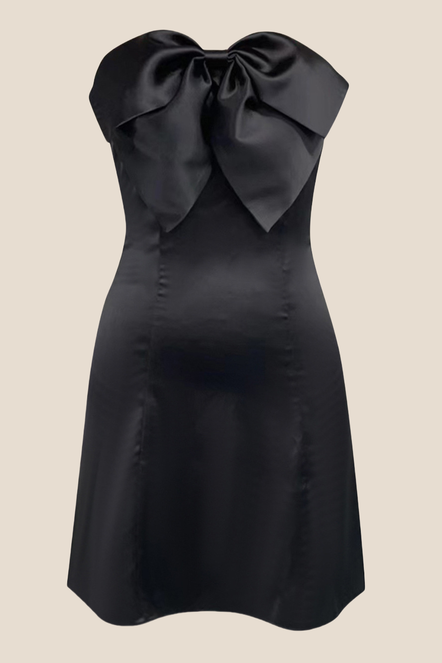 Strapless Black Satin A-line Short Dress with Bow Ohmollydress Strapless Black Satin A-line Short Dress with Bow Ohmollydress