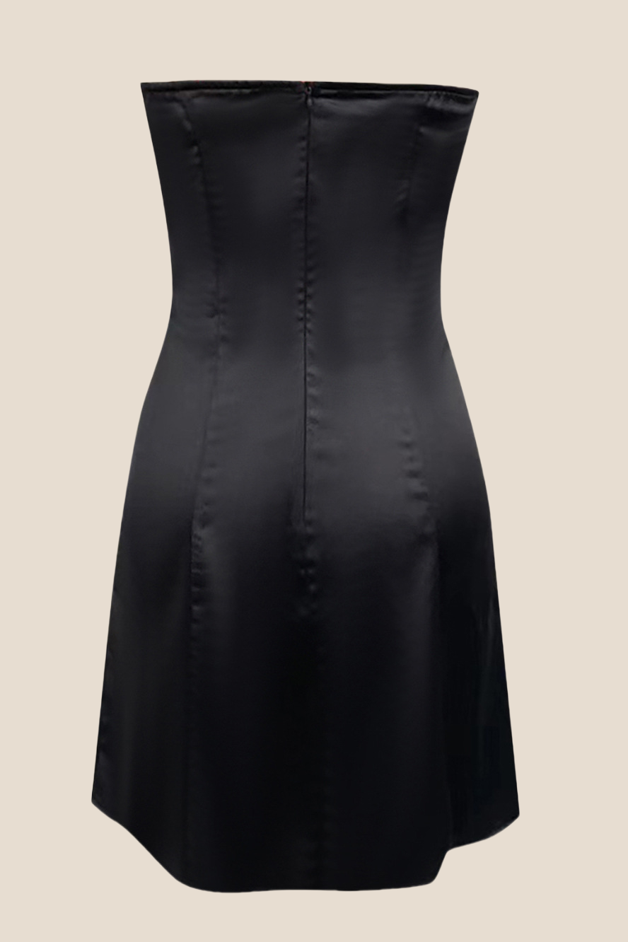 Strapless Black Satin A-line Short Dress with Bow Ohmollydress Strapless Black Satin A-line Short Dress with Bow Ohmollydress
