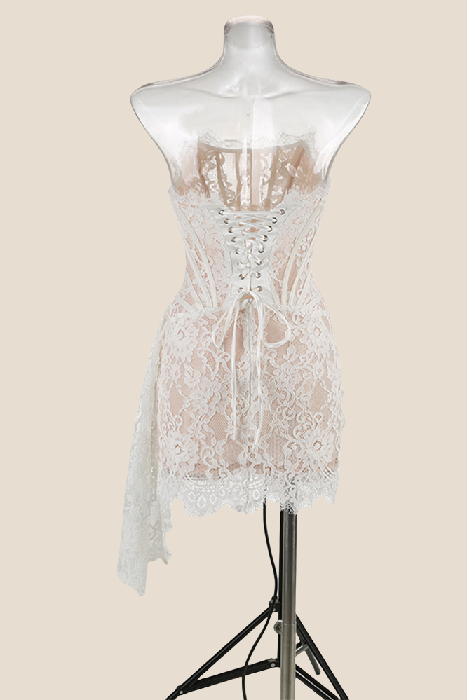 Ivory Tight Lace Short Dress with Train