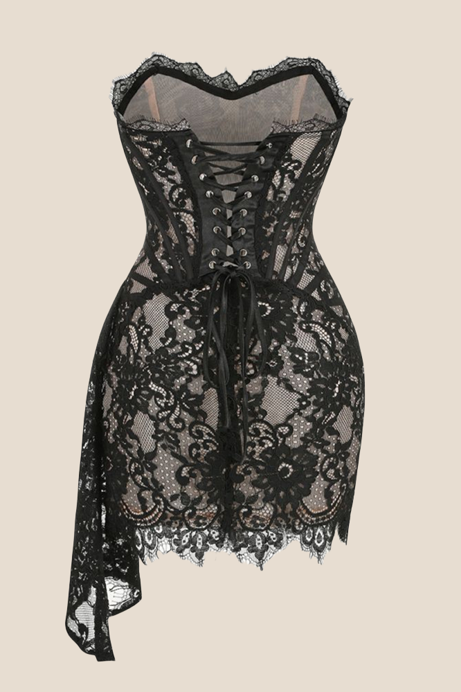 Strapless Black Tight Lace Short Dress with Shawl