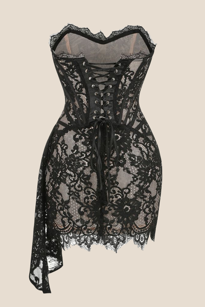 Strapless Black Tight Lace Short Dress with Train Ohmollydress Strapless Black Tight Lace Short Dress with Train Ohmollydress
