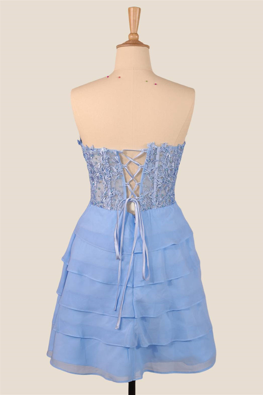 Strapless Blue Appliques Tiered A-line Short Dress