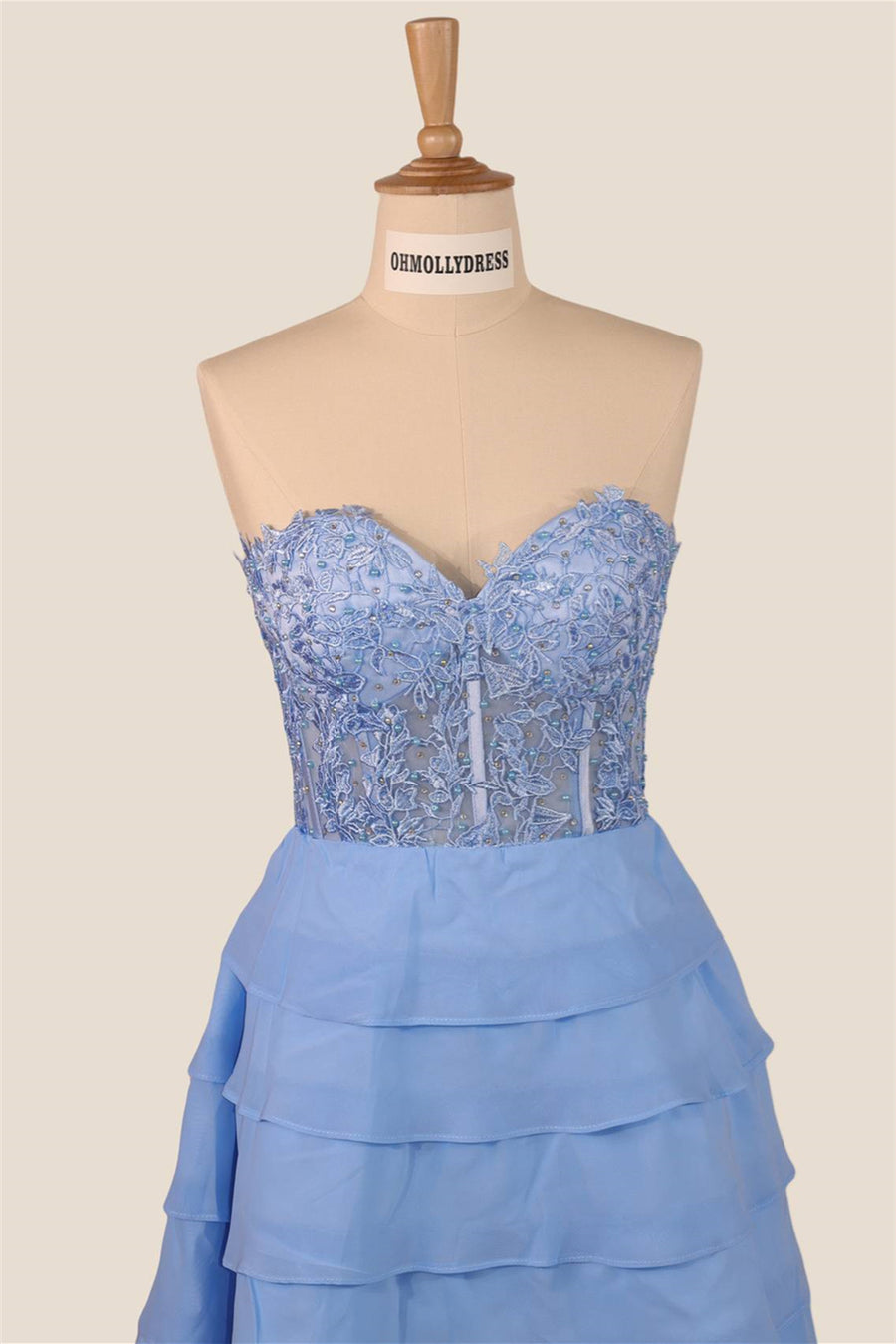 Strapless Blue Appliques Tiered A-line Short Dress