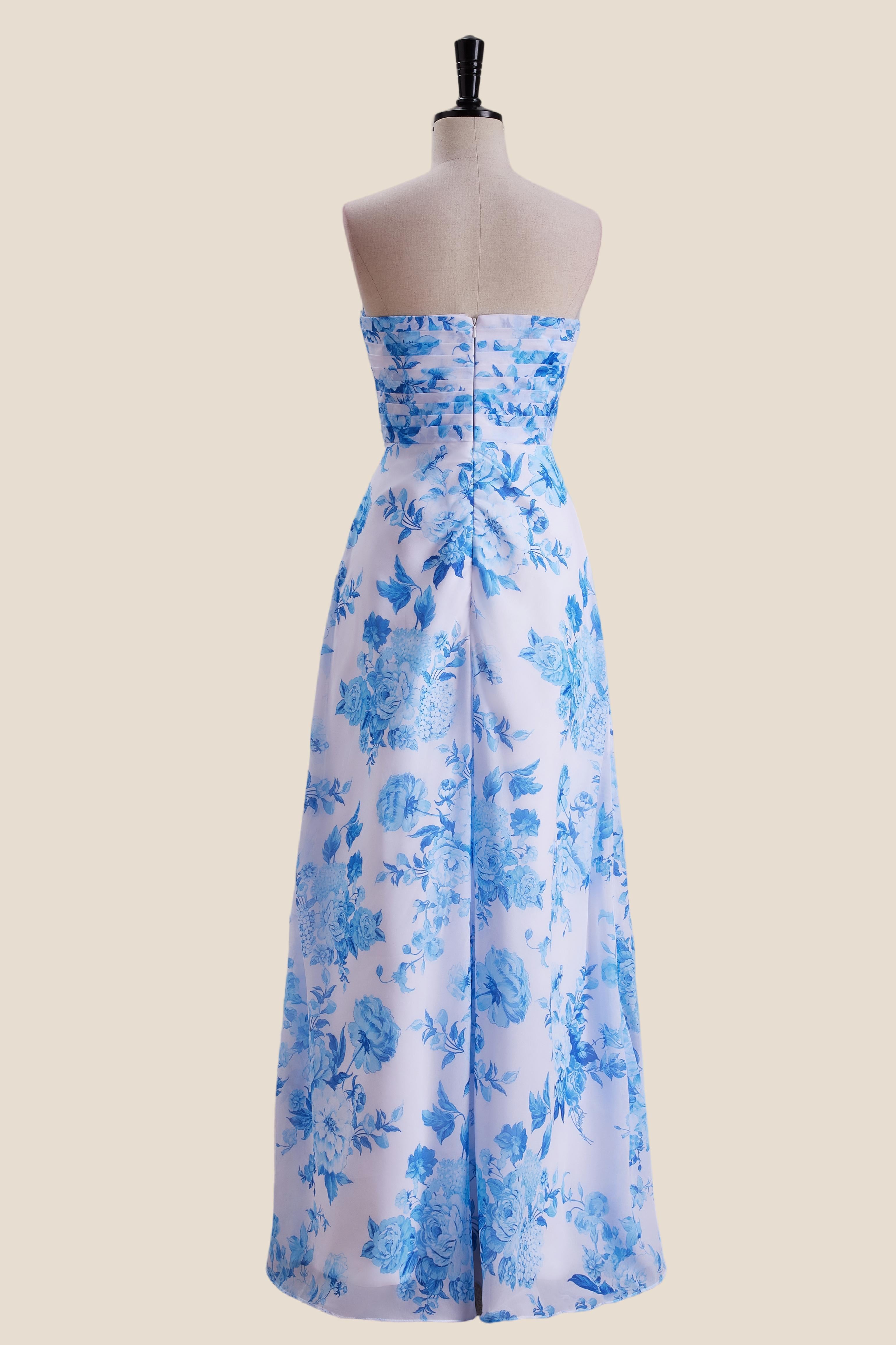 Strapless Blue Floral Print Pleated Long Dress
