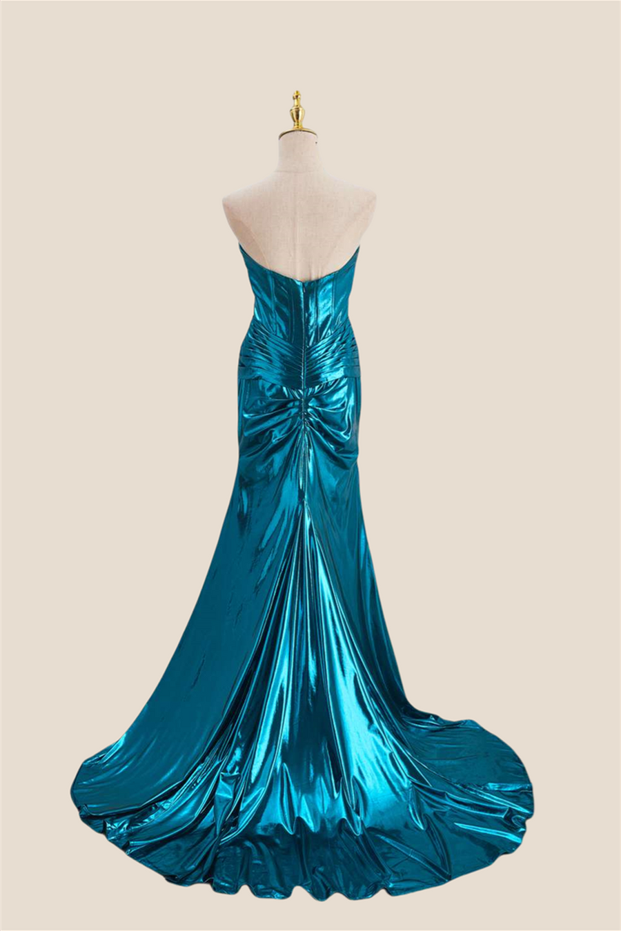 Strapless Blue Metallic Long Dress with Keyhole