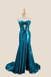 Strapless Blue Metallic Long Dress with Keyhole