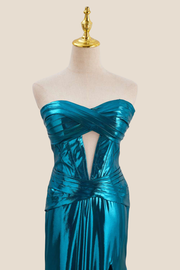 Strapless Blue Metallic Long Dress with Keyhole