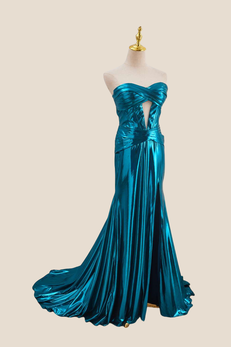 Strapless Blue Metallic Long Dress with Keyhole