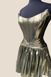 Strapless Blue Metallic Pleated A-line Short Dress