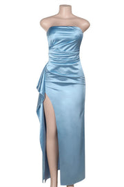Strapless Blue Ruched Long Dress