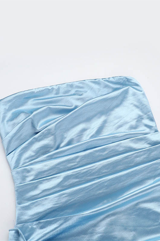 Strapless Blue Ruched Long Dress