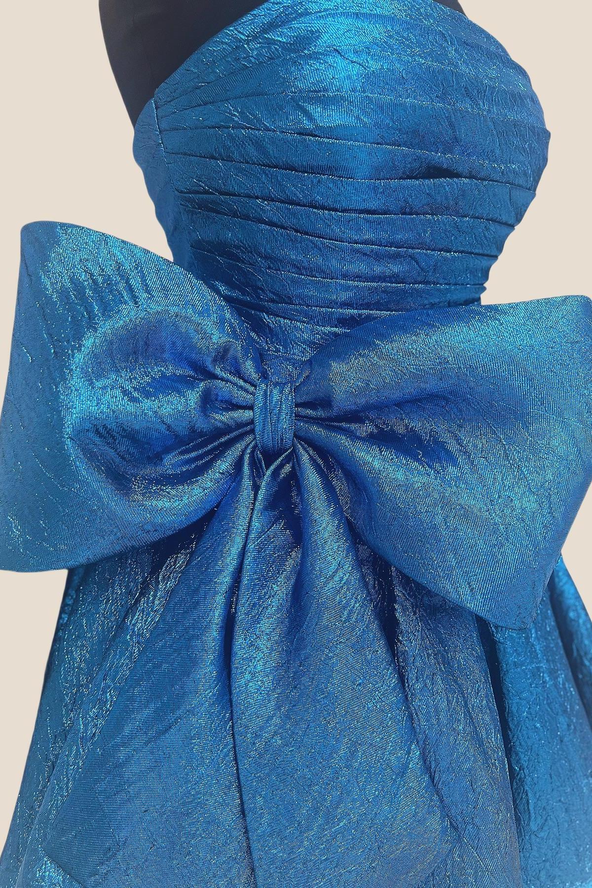 Strapless Blue Ruched Short Dress with Bow