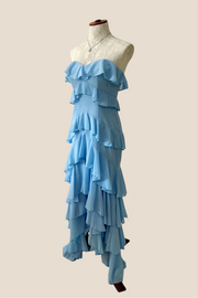 Strapless Blue Ruffle Tiered Long Chiffon Dress