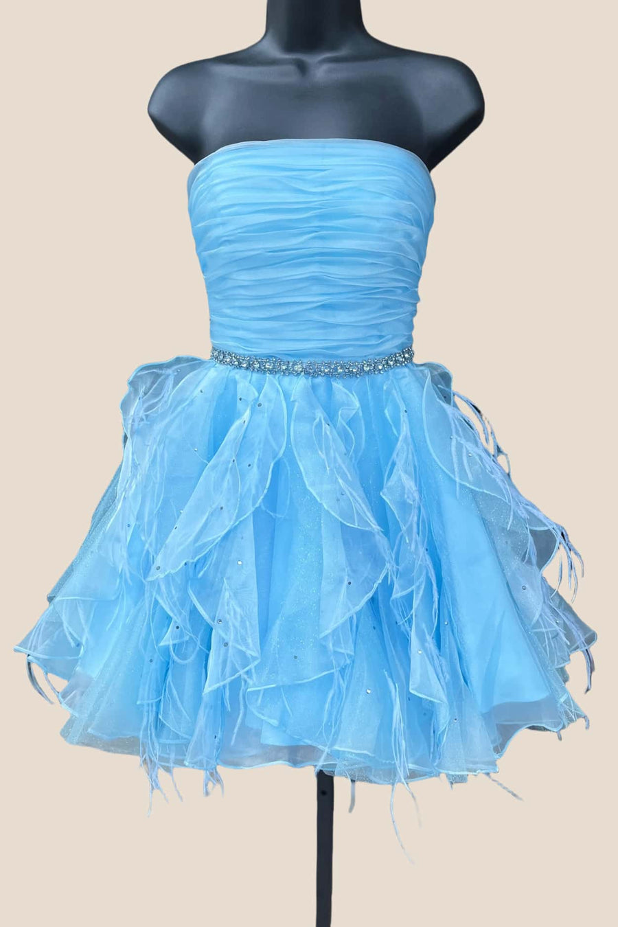 Strapless Blue Ruffled Hem Short Dress with Beaded