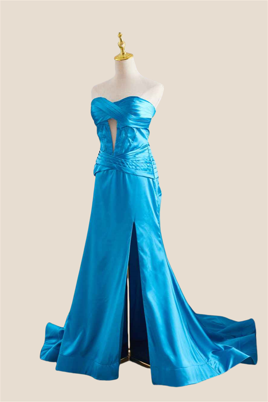 Strapless Blue Twist A-line Satin Long Dress