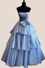 Strapless Dusty Blue Tiered Long Dress with bow