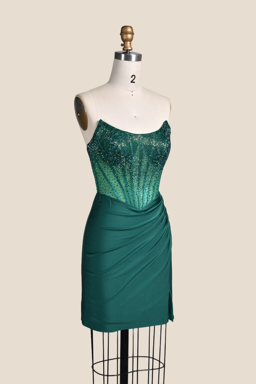 Strapless Emerald Green Beaded Tight Short Dress