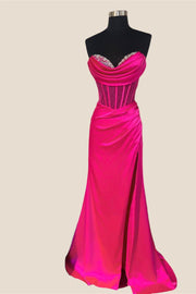 Strapless Fuchsia Beaded Long Dress with Slit