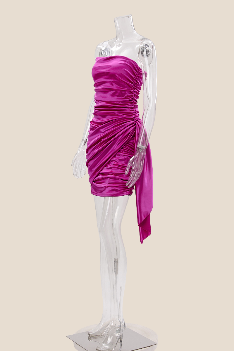 Strapless Fuchsia Ruched Short Dress with Shawl