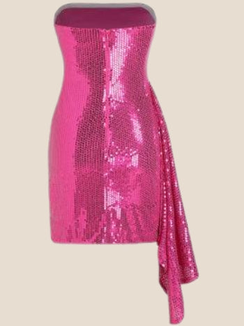 Strapless Hot Pink Sequin Short Dress with Shawl