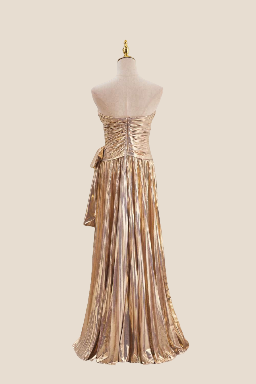 Strapless Gold Pleated Metallic Long Dress