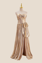 Strapless Gold Pleated Metallic Long Dress