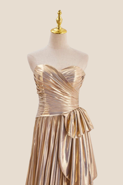 Strapless Gold Pleated Metallic Long Dress