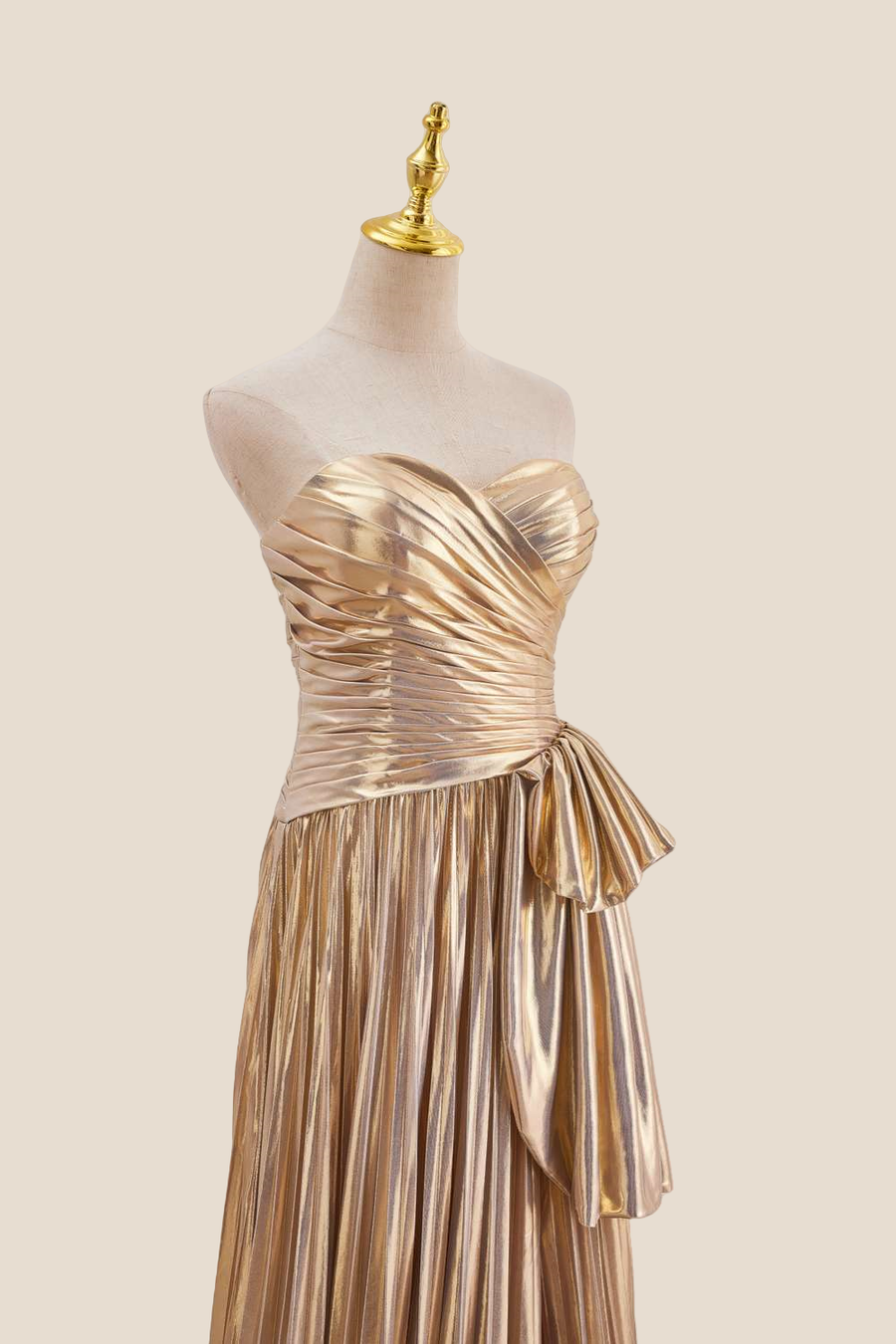 Strapless Gold Pleated Metallic Long Dress