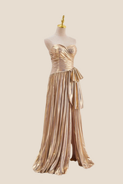 Strapless Gold Pleated Metallic Long Dress