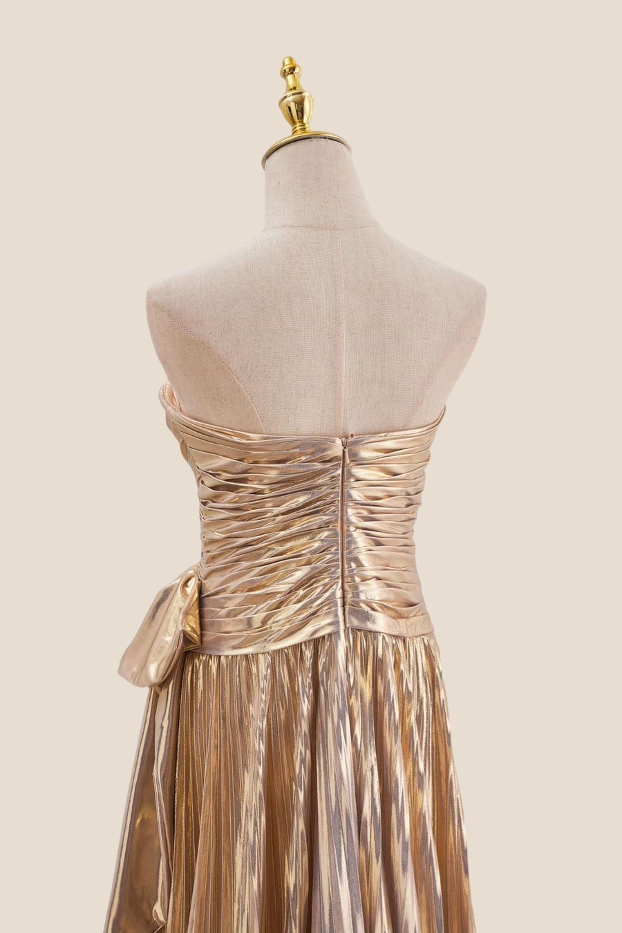 Strapless Gold Pleated Metallic Long Dress