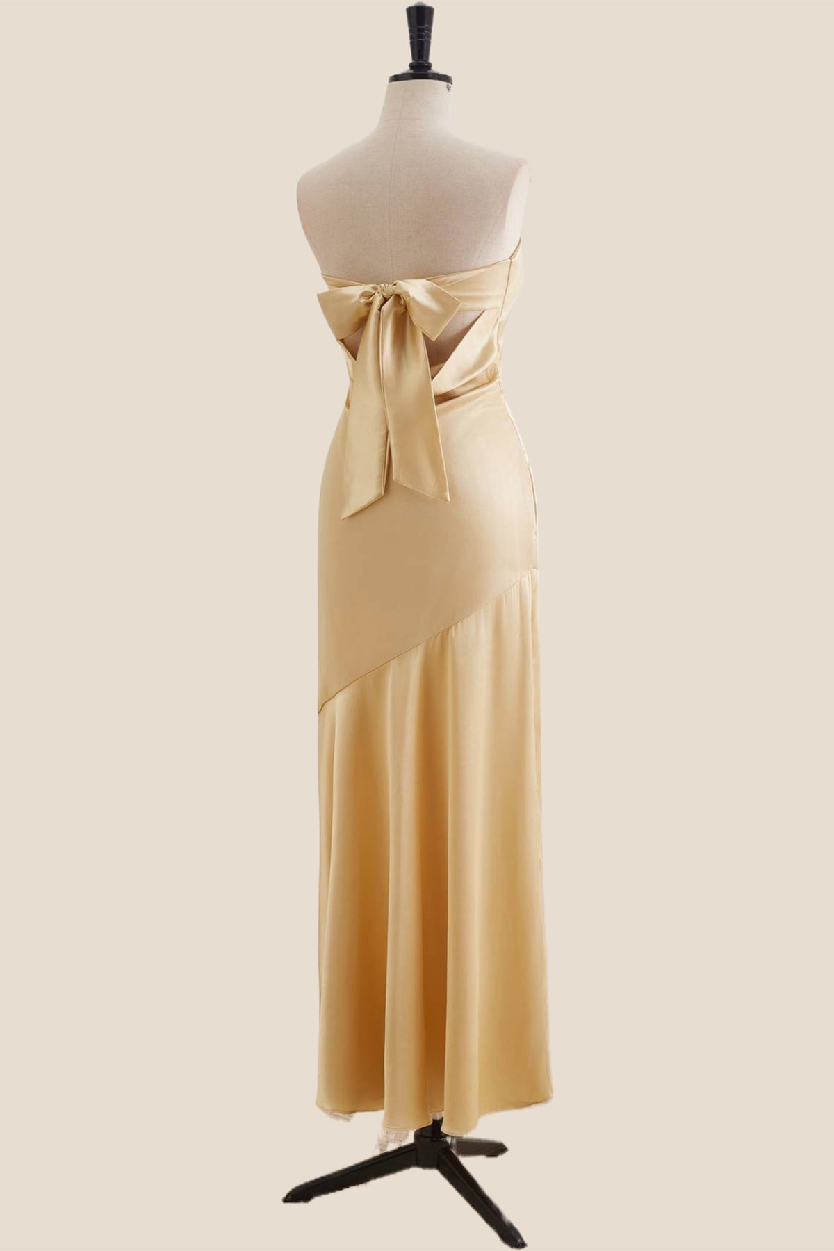 Strapless Golden Sheath Long Dress with Back Bow