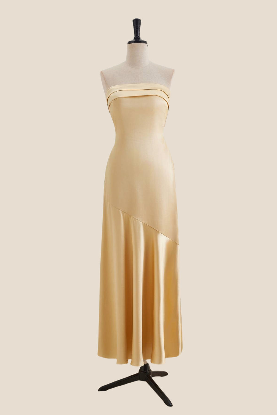 Strapless Golden Sheath Long Dress with Back Bow