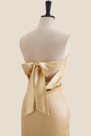 Strapless Golden Sheath Long Dress with Back Bow