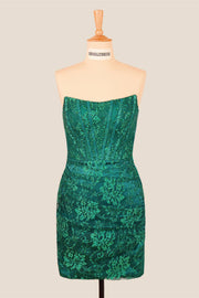 Strapless Green Lace Beaded Bodycon Short Dress