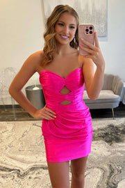 Strapless Hot Pink Pleated Short Dress with Keyhole