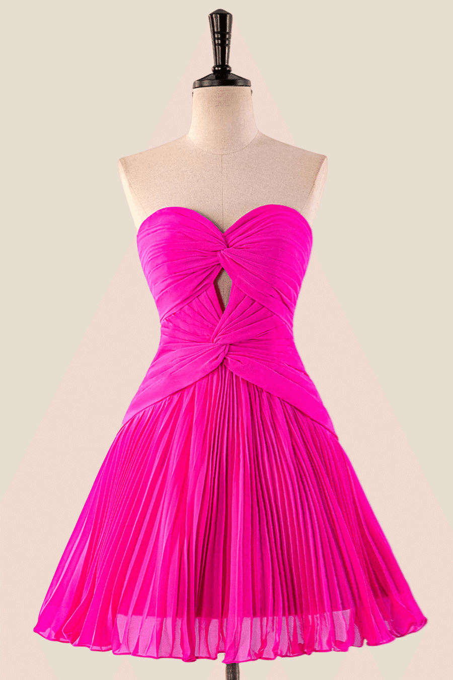 Strapless Hot Pink Pleated A-line Short Dress