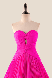 Strapless Hot Pink Pleated A-line Short Dress