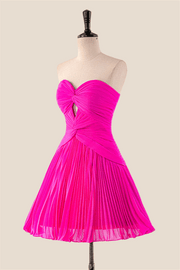 Strapless Hot Pink Pleated A-line Short Dress