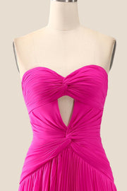 Strapless Hot Pink Ruched Long Dress with Slit