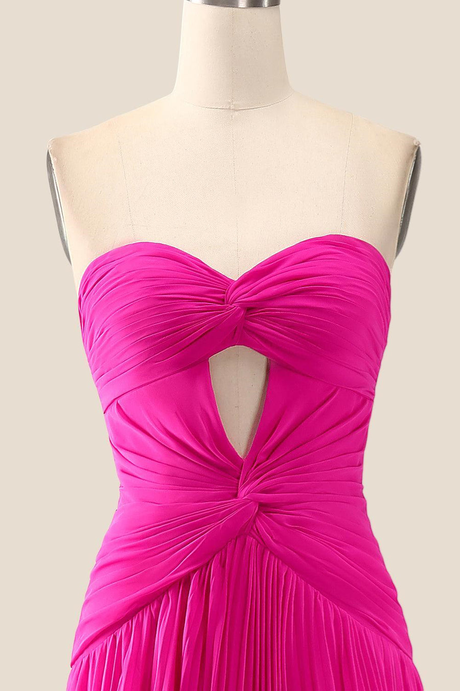 Strapless Hot Pink Ruched Long Dress with Slit