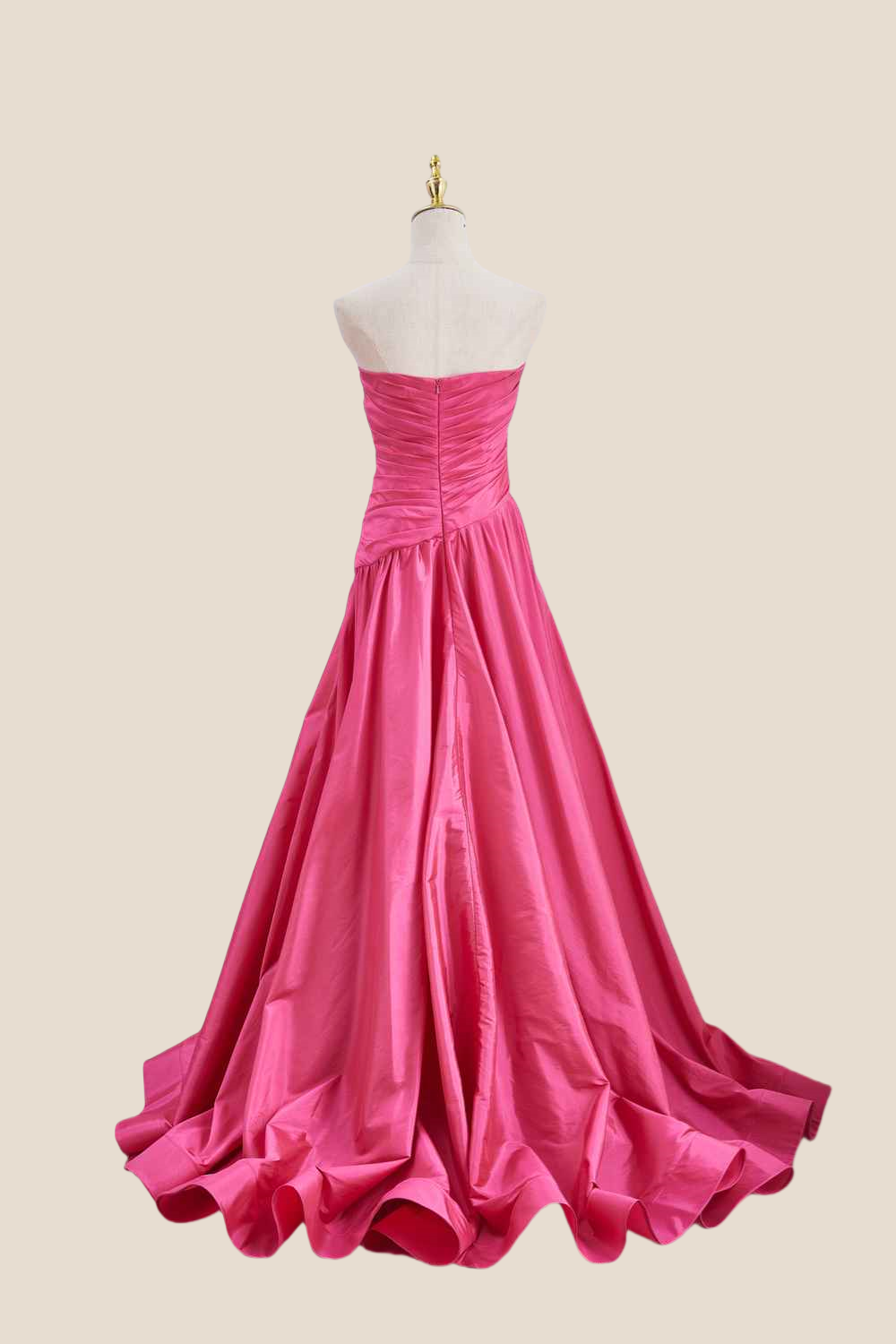 Strapless Hot Pink Ruched Long Dress with Slit