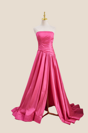 Strapless Hot Pink Ruched Long Dress with Slit