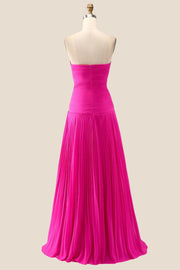 Strapless Hot Pink Ruched Long Dress with Slit