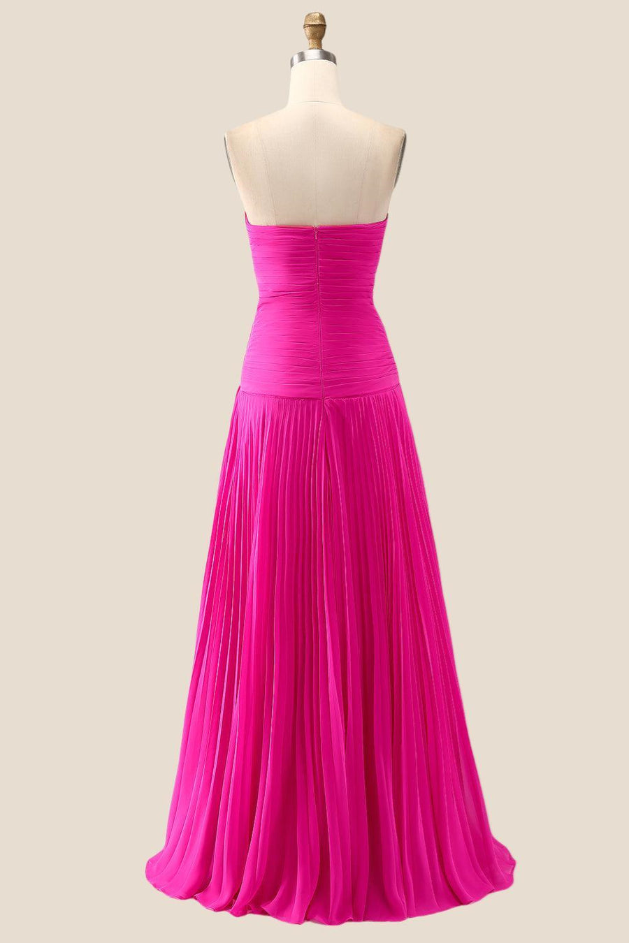 Strapless Hot Pink Ruched Long Dress with Slit